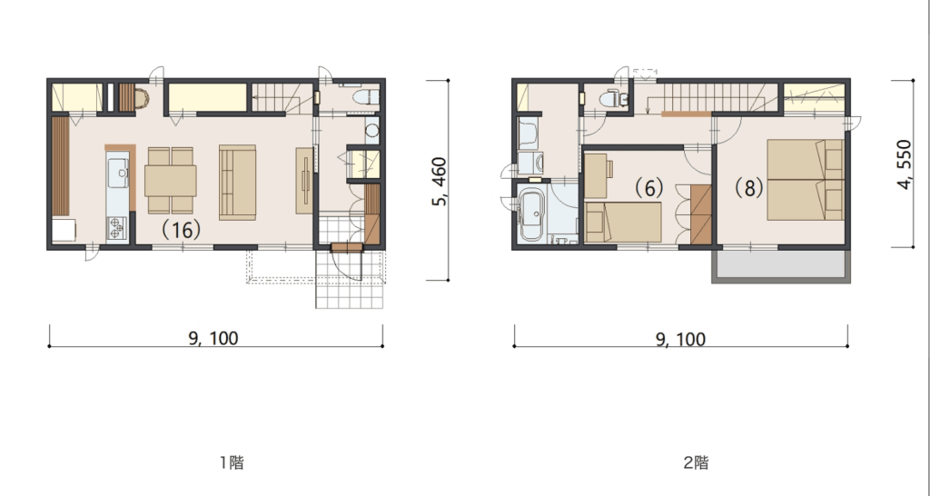 こちらの間取りは1階はリビング中心、居室や浴室は2階にまとめる構成