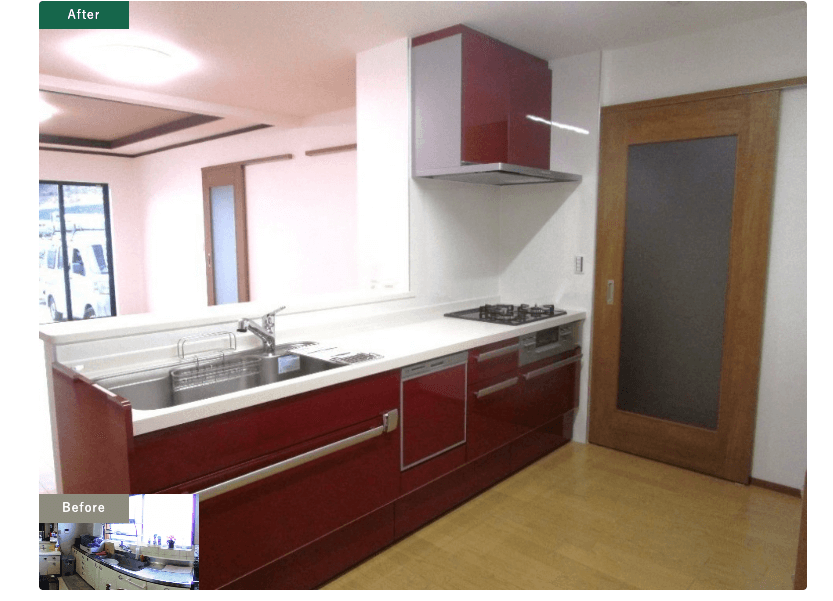 壁付キッチンをカウンターキッチンへ変更し、あわせて間取りも調整した事例