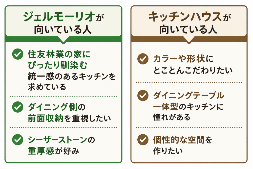 どちらも住友林業の高級キッチンの代表格。実物を見比べてから決めるのが一番