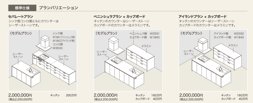 どの形状にもダイニング側の前面収納が付いている点が、ジェルモーリオの大きな魅力